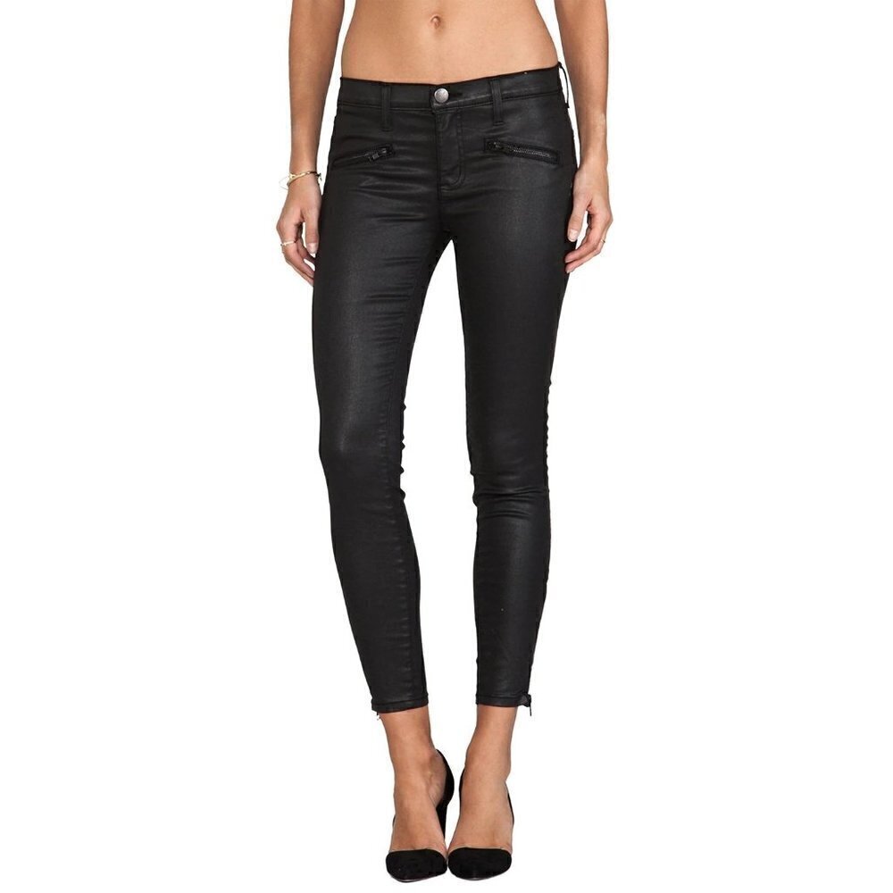 Current/Elliott The Soho Zip Stiletto Black Coated Skinny Jeans 29 $248